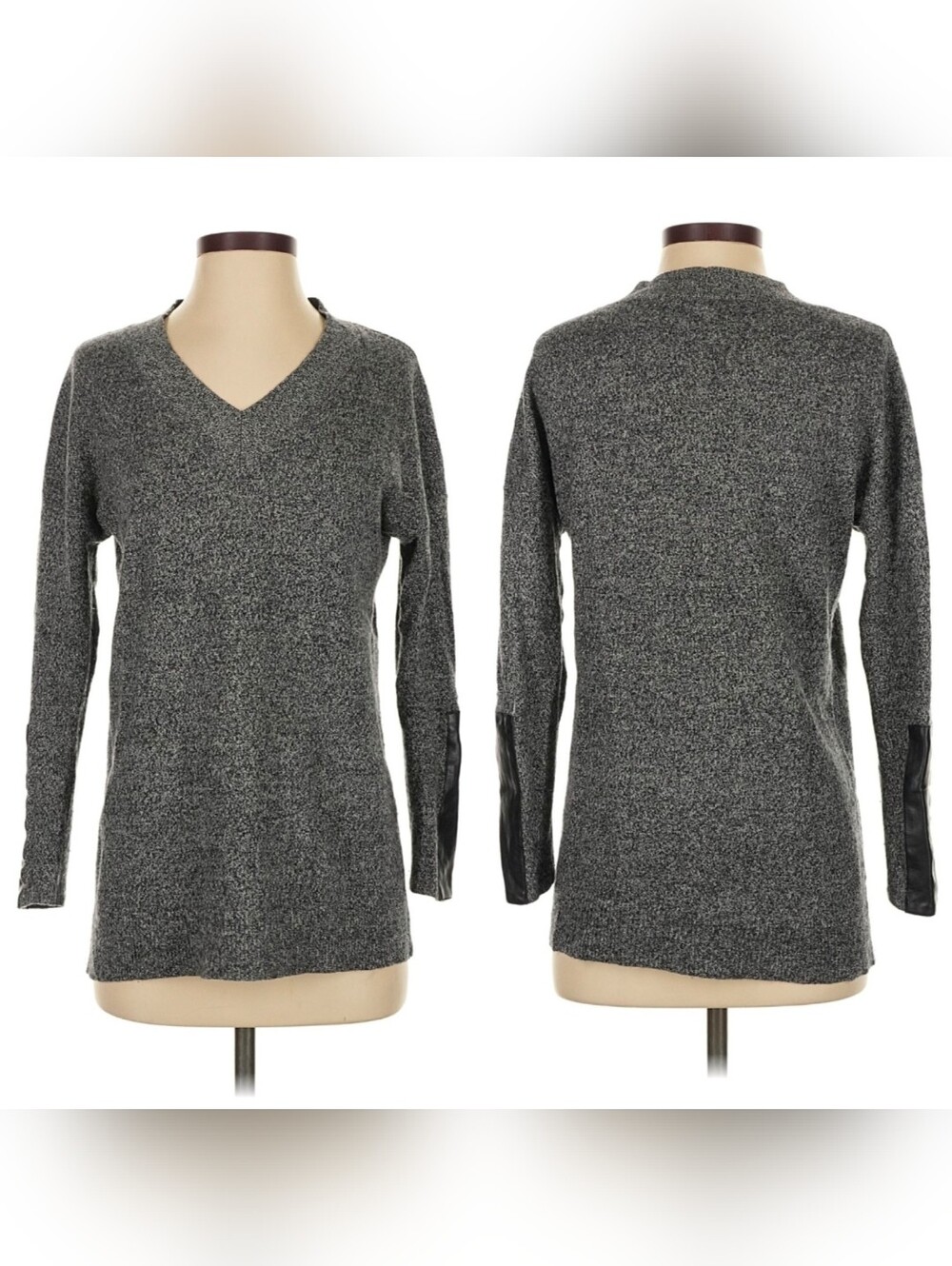 C By Bloomingdale’s 100% Cashmere Womens XS Sweater V Neck PU Leather Forearms